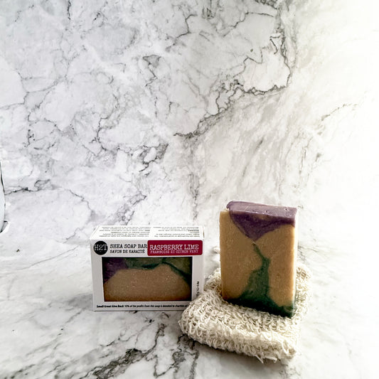 Handmade Raspberry Lime Shea Butter Soap Bar with fresh raspberry and lime fragrance